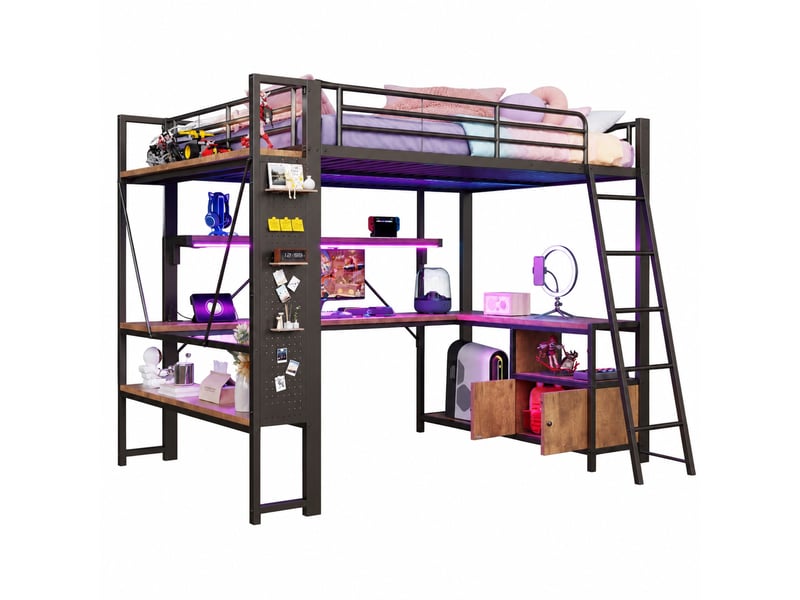  Lit mezzanine 140 x 200 cm avec bureau, rangements, led et usb, noir, métal mdf  - Conforama A