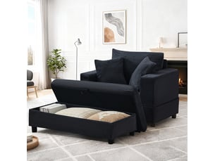 Chaise longue avec rangement et repose-pieds, 3 coussins, noir evryae