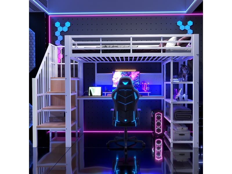  Lit mezzanine 90x200 cm, lit enfant, bureau, panneau perforé, barrière antichute, led, bois et métal blanc  - Conforama D