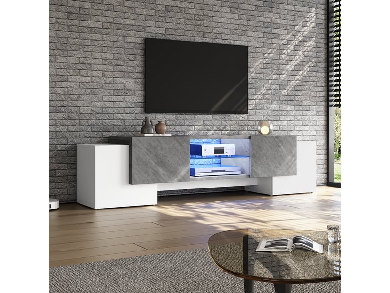 Meuble tv moderne blanc et gris avec led bluetooth 180x40x46,5 cm pour tv 606570 pouces avec rangement - Conforama B