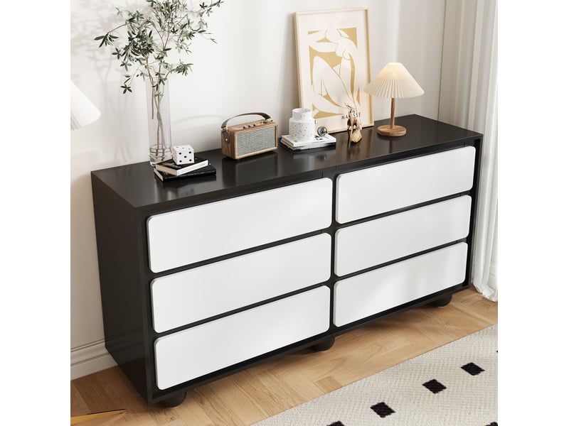  Commode 140x38x74,5 cm avec 6 tiroirs, pieds en métal, buffet,en mdf, style moderne, blanc et noir, angles arrondis  - Conforama B