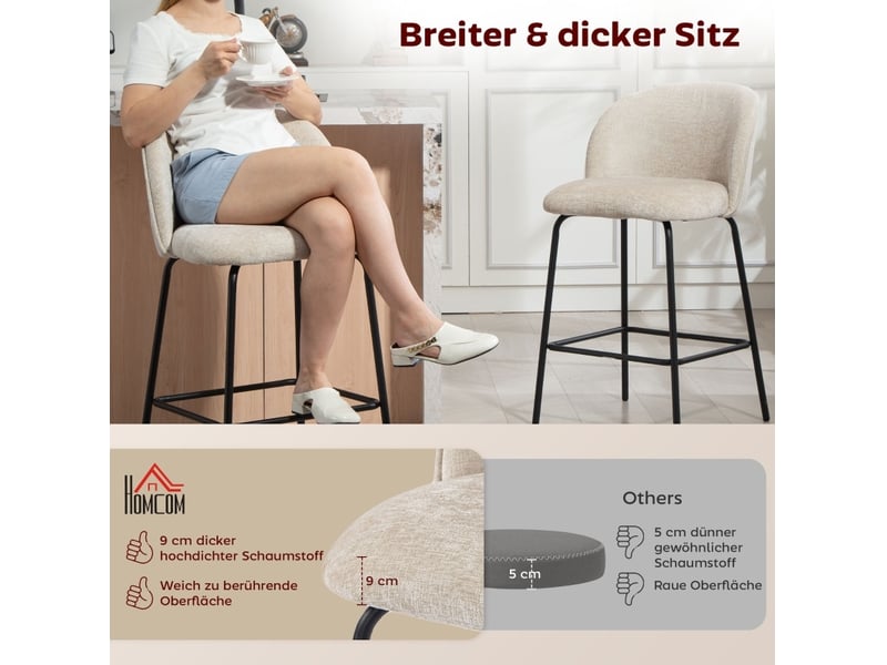  Tabouret de bar lot de 2 avec dossier ergonomique, assise rembourrée et repose-pieds, en polyester, beige  - Conforama E