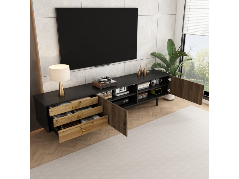  Meuble tv bas – portes effet ondulé et 3 tiroirs – finition bois et noir  - Conforama D
