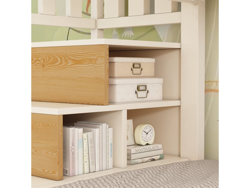 Lit superposé enfant 90x200 - lit avec rangement hydraulique - escalier placard - garde-corps - sommiers inclus - blanc et naturel - Conforama D