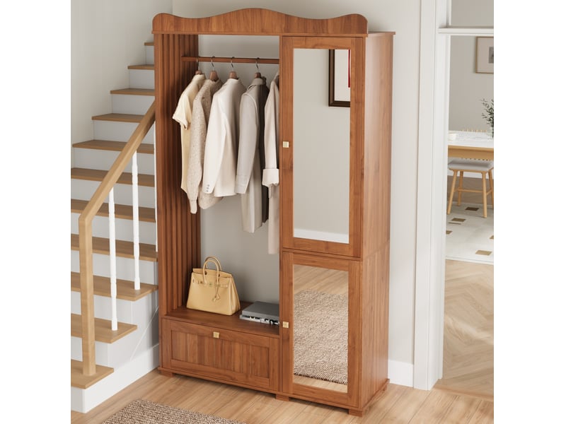  Armoire penderie tcqpz avec miroir et rangement ouvert 115,5 x 38,5 x 194,5 cm mdf coloris noyer  - Conforama D