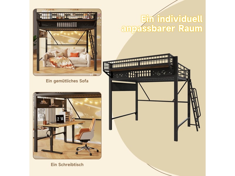  Lit mezzanine double 140×200 cm en métal avec rangements et espace ouvert - okmyhome- noir, sans matelas  - Conforama E