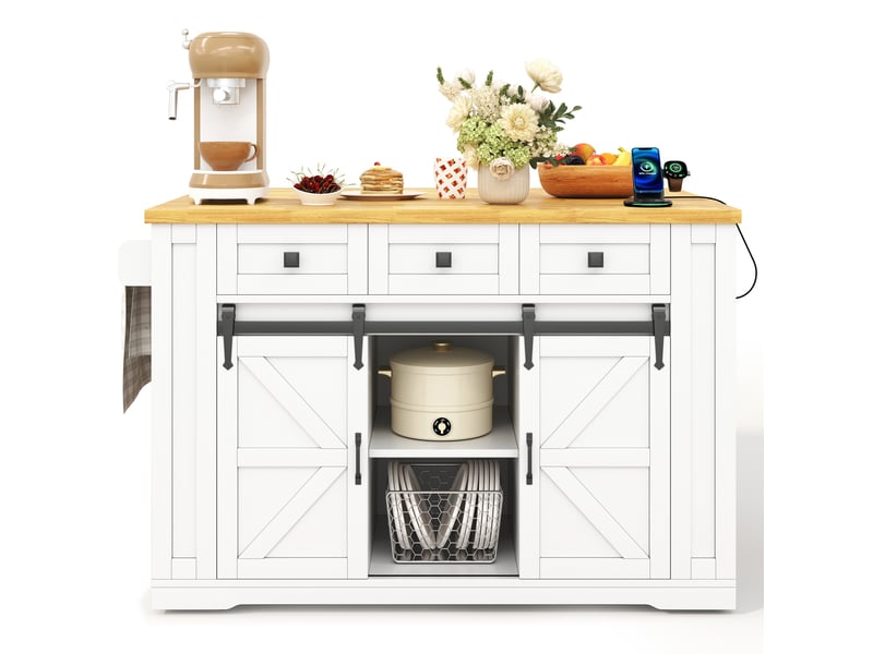  Desserte de cuisine mobile avec 3 tiroirs, plan rabattable, prises et roulettes en mdf 130×50(80)×87 cm  - Conforama A