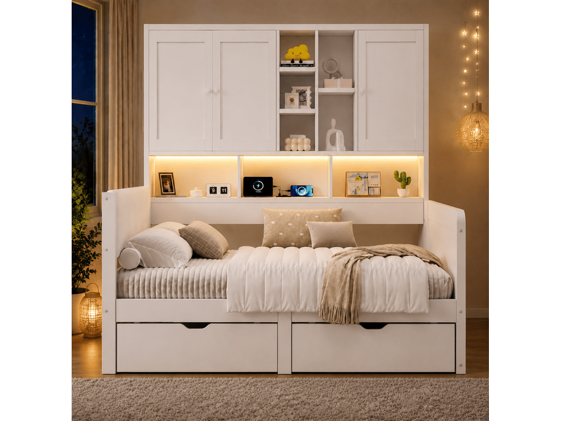 Lit enfant 90x200 cm avec rangements, led, prises usb et tête de lit en pu, blanc - Conforama E