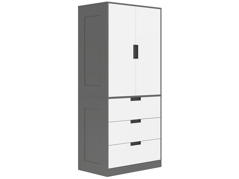  Armoire chambre penderie avec 2 portes à fermeture douce, 3 tiroirs et barre de suspension, 80x50x180cm, gris et blanc  - Conforama B