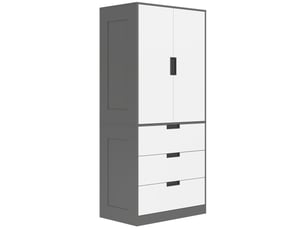 Armoire chambre penderie avec 2 portes à fermeture douce, 3 tiroirs et barre de suspension, 80x50x180cm, gris et blanc