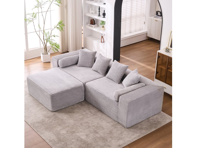  Canapé modulable d’angle compressé 217x110x60 cm 3 places en mousse et velours côtelé couleur gris, moderne  - Conforama B