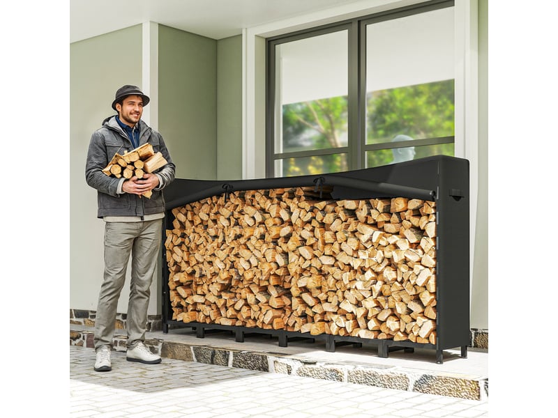  Porte-bûches extérieur avec bâche imperméable, structure en acier réglable, 150 kg  - Conforama C