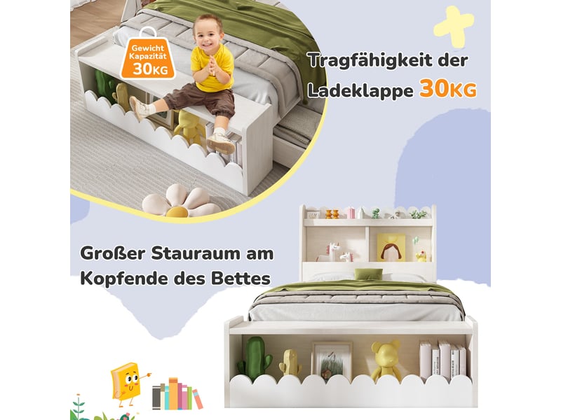  Lit enfant avec tiroirs et rangement, lit coffre 90x200 en bois blanc et chêne clair avec banc intégré et étagères, sommier à lattes  - Conforama R