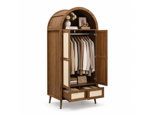 Armoire avec 2 portes, 2 tiroirs, tringle et niche ouverte, pour chambre, en mdf, noyer et beige, 80 × 55 × 180 cm
