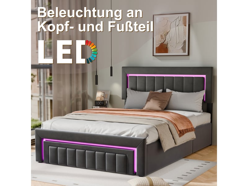 Lit rembourré 140 × 200 cm 2 places avec matelas et éclairage led, lit avec coffre de rangement, lit pour enfant avec tiroirs et roulettes, gris - Conforama C
