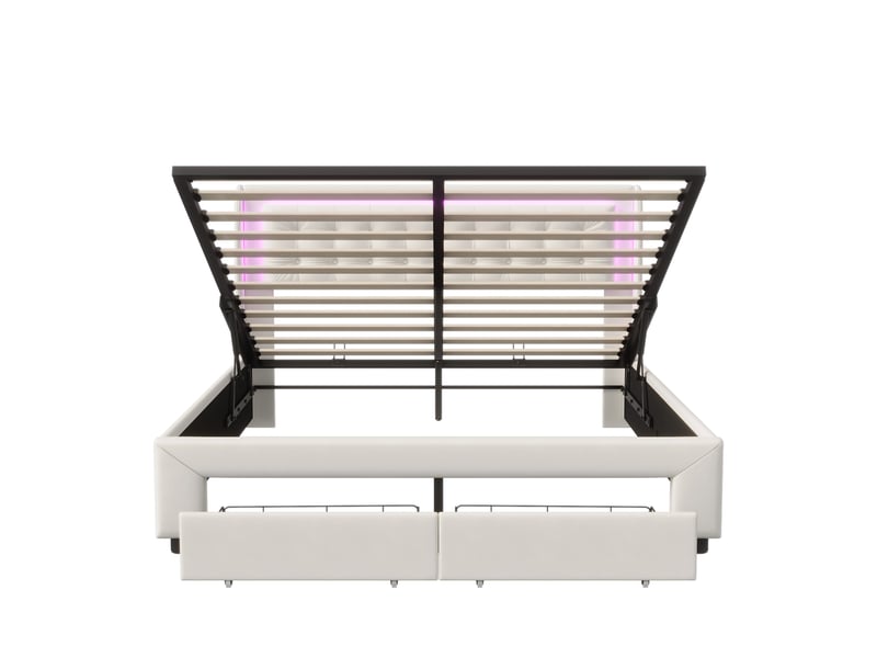  Lit double 140x190 avec led et tiroir, lit coffre avec 2 tiroir et led lit 2 places avec rangement et tête de lit rembourré cadre de lit capitonnée avec 2 tiroirs lit 2 personnes velvet beige, sans matelas  - Conforama W
