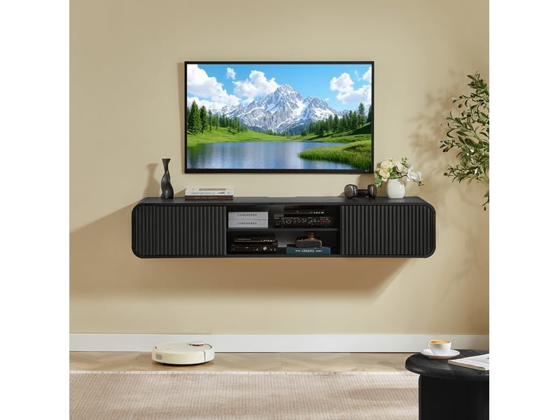  Meuble tv mural avec 2 portes, 2 niches ouvertes et passe-câbles, pour salon ou chambre, noir, 160 × 38 × 30 cm  - Conforama D