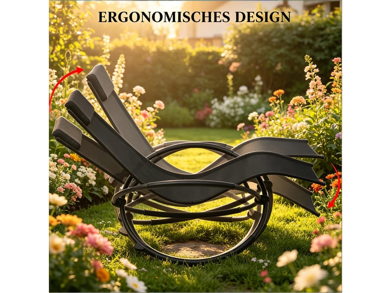  Chaise longue à bascule,143,5x66x86 cm,avec coussin amovible,textilène,noir  - Conforama D
