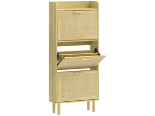 Meuble à chaussures style bohème chic - 3 portes abattantes, étagère - cannage rotin aspect bois clair