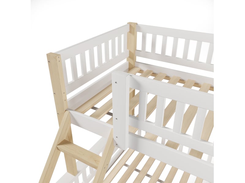 Lit superposé enfant 90x200+140x200 gain de place, barrières sécurité échelle stable pin blanc et naturel, sans matelas - Conforama E
