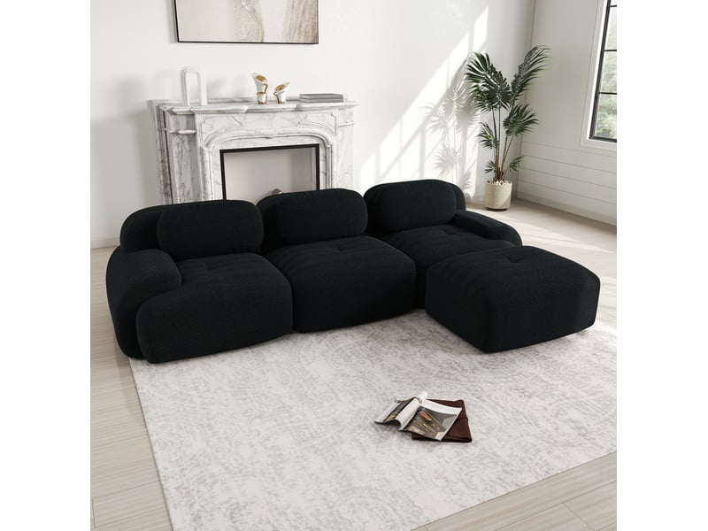  Canapé d'angle modenvie modulable 3 places sans cadre en velours côtelé noir 298 x 178 cm  - Conforama B