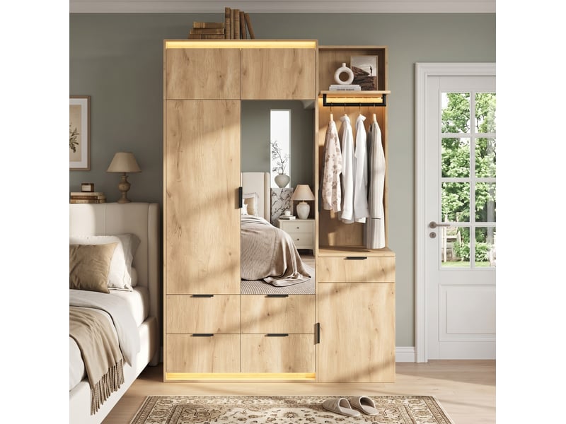  Ensemble vestiaire avec armoire 135 x 47 x 200 cm, miroir, éclairage led, 5 tiroirs, décor chêne  - Conforama B