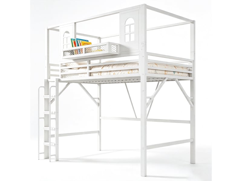 Lit mezzanine enfant 90 x 200 cm en métal, toit cabane avec fenêtres, échelle sécurisée, rangement, blanc evarich - Conforama A