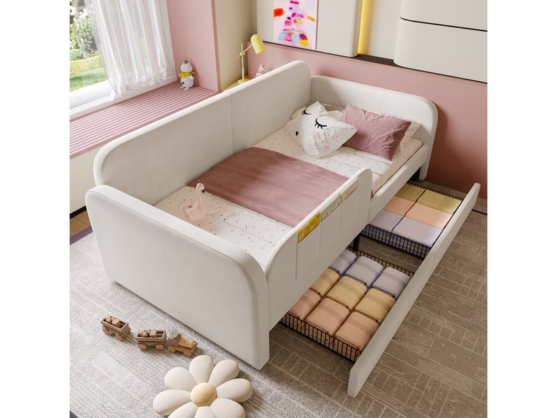 Lit enfant 90x200 cm, lit de repos, tiroirs, poches latérales, sommier, velours blanc, sans matelas - Conforama W