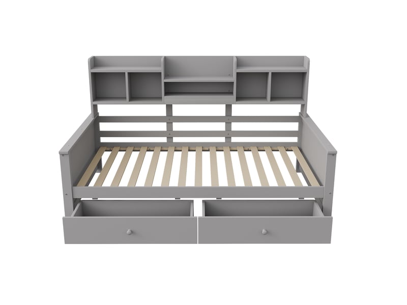  Canapé-lit 90x200 et lit enfant avec tiroirs et étagères, lit simple en bois massif gris, sommier à lattes inclus pour chambre.  - Conforama A