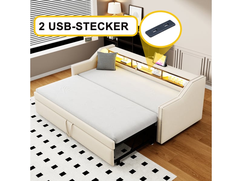  Lit gigogne beige 90x180 cm avec led et usb, sommier et coffre – rangement pratique  - Conforama D