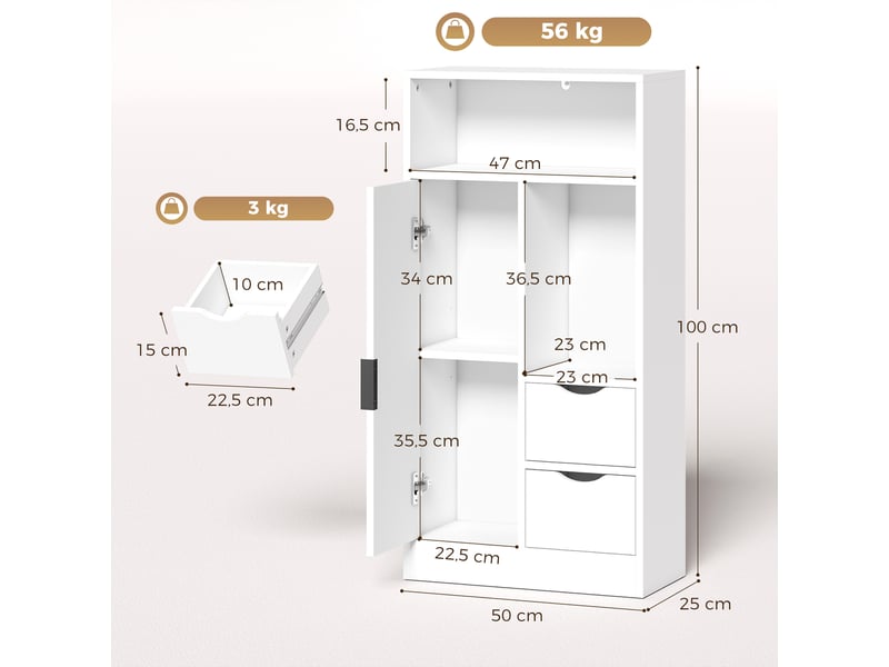  Meuble bas salle de bain porte étagère 2 niches 2 tiroirs - 50 x 25 x 100 cm - blanc  - Conforama C