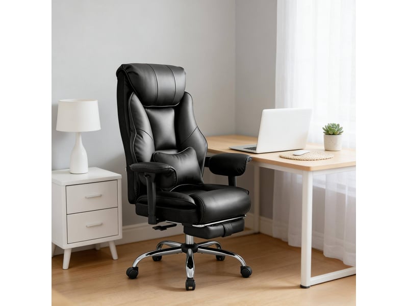  Chaise de bureau ergonomique noire en cuir régénéré, dossier inclinable et repose-pieds extensible, hauteur réglable  - Conforama B