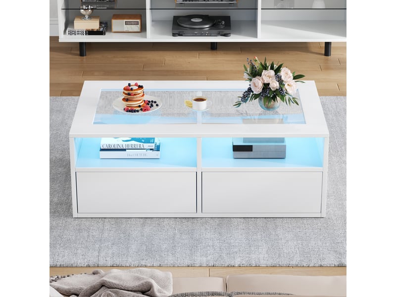  Table basse blanche avec led, table de salon en verre trempé avec 2 tiroirs et rangement ouvert, design moderne double couche, 100x50x35 cm  - Conforama E