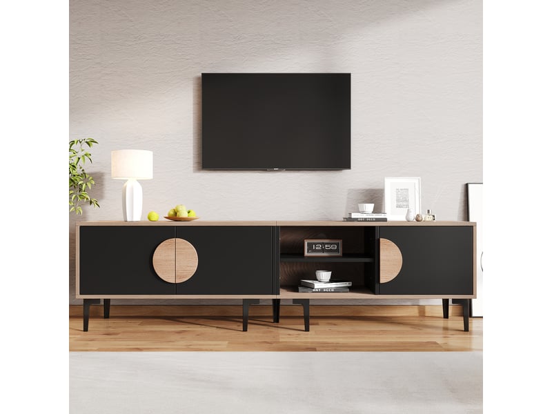  Meuble tv 3 portes, 2 niches, fermeture douce pour le salon en panneaux de particules 180×35×49 cm noir bois naturel  - Conforama B