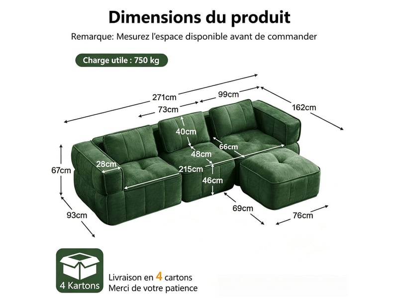  Sofa d'angle 3 places, avec repose-pieds, mousse 32d, assise profonde, revêtement doux, 271×162×67 cm, vert  - Conforama C