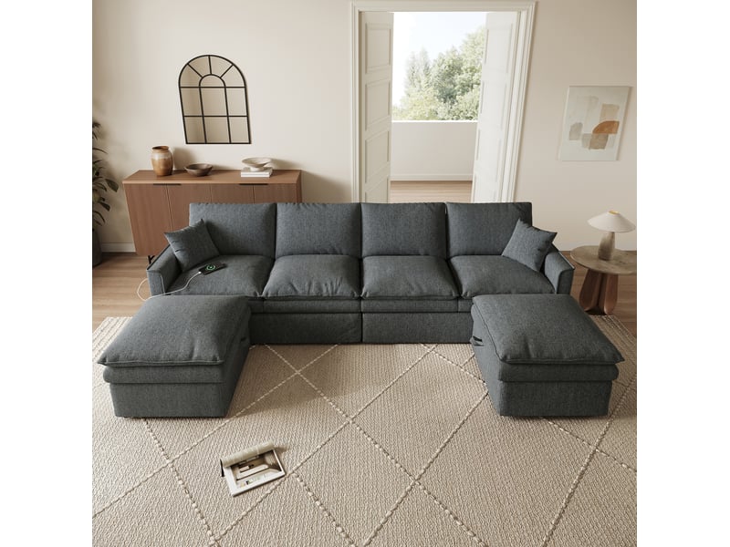  Canapé d’angle tcqpz modulable 6 places en u ou l 277 x 135 x 80 cm avec 2 poufs de rangement usb type-c gris  - Conforama E