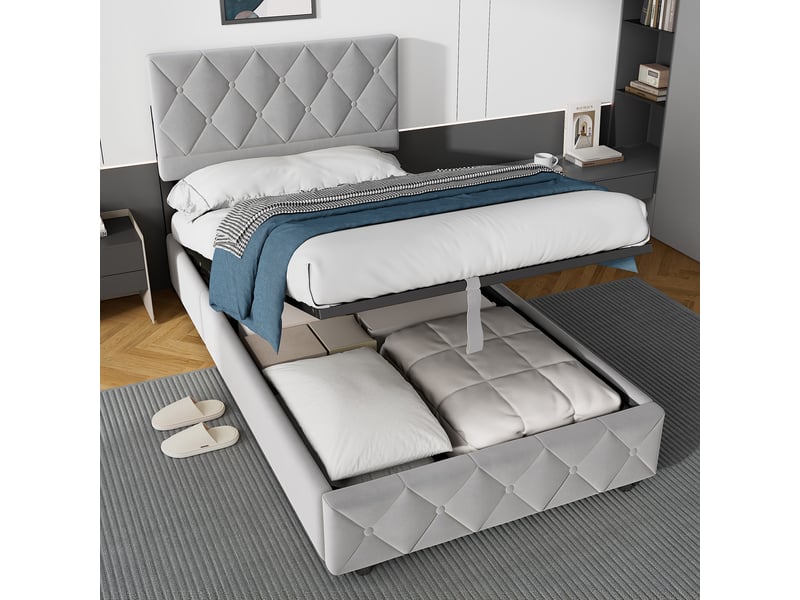  Lit coffre 90x200 cm avec sommier et tête de lit, velours, beige  - Conforama D