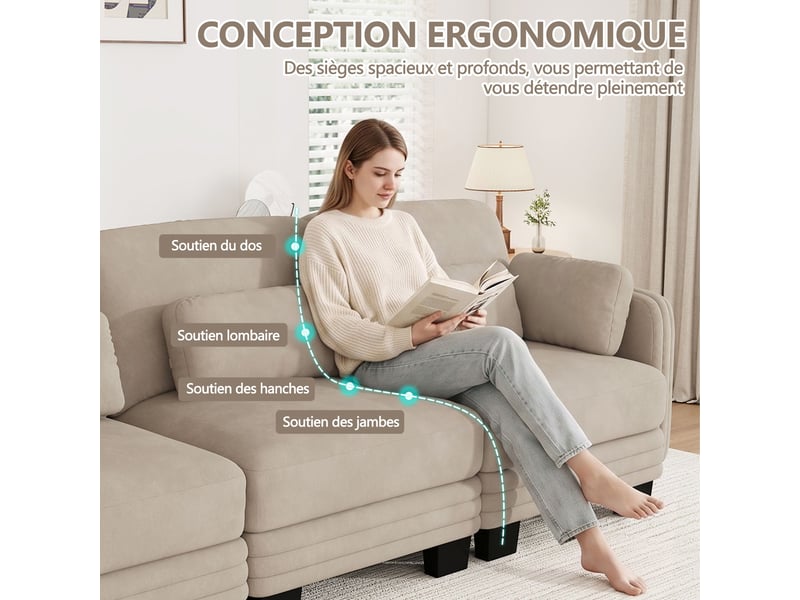  Canapé droit modulable 253 cm 3 places, accoudoirs amovibles, coussins lombaires épais à soutien renforcé, assise à ressorts ensachés, chenille, marron clair  - Conforama E