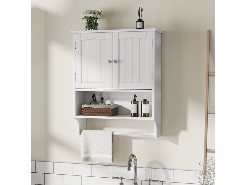 Armoire de salle de bain murale avec porte, étagères réglables, niche ouverte et porte-serviettes, 56,8 × 19 × 70 cm - Conforama C