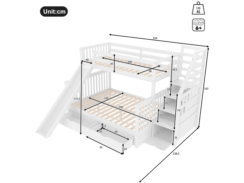  Lit superposé 90x200 sur 140x200 avec toboggan et tiroirs, lit superposé blanc multifonction en bois massif pour enfants.  - Conforama C