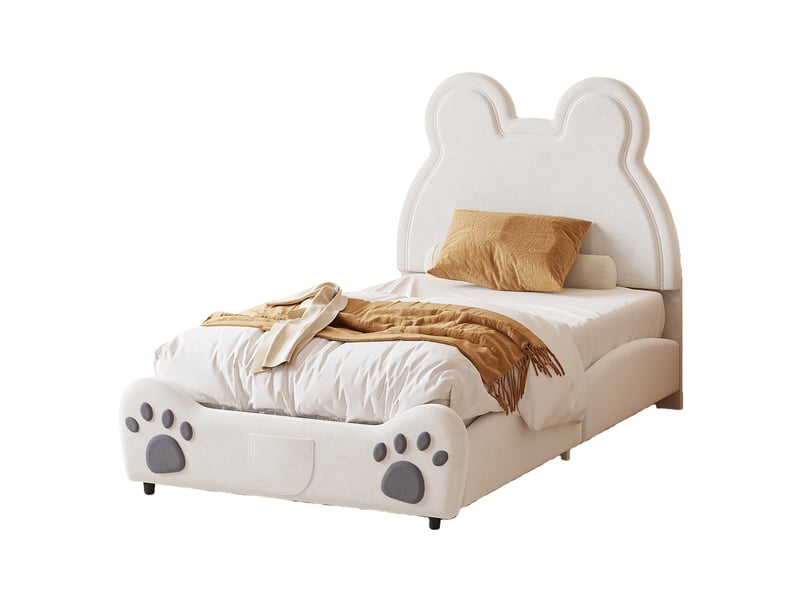 Lit simple pour enfant 90x200 cm - lit rembourré en forme d'ours - velours + métal + contreplaqué - sans matelas - blanc - Conforama A
