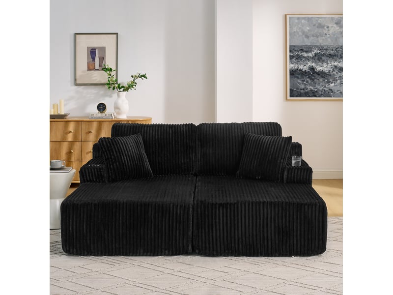 Canapé droit convertible 2 places en velours côtelé noir avec porte-gobelet et poche latérale, pour votre salon - Conforama E