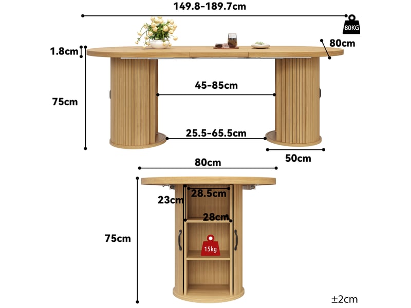  Table à manger extensible, 149,8x80x75 cm, rangement, salle à manger, design moderne, pratique, mdf, coloris naturel  - Conforama C