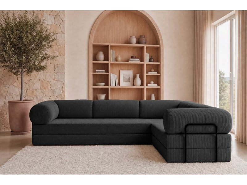 Cosima l - canapé d'angle convertible petit velours côtelé 4 places noir gauche - Conforama D