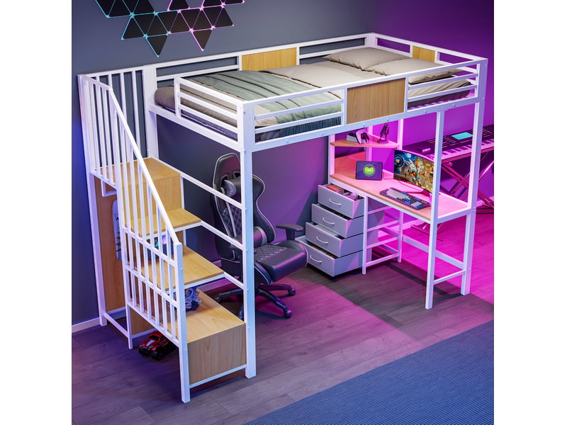  Lit mezzanine 90x200 cm avec bureau, rangements, led et prise, en métal blanc  - Conforama D