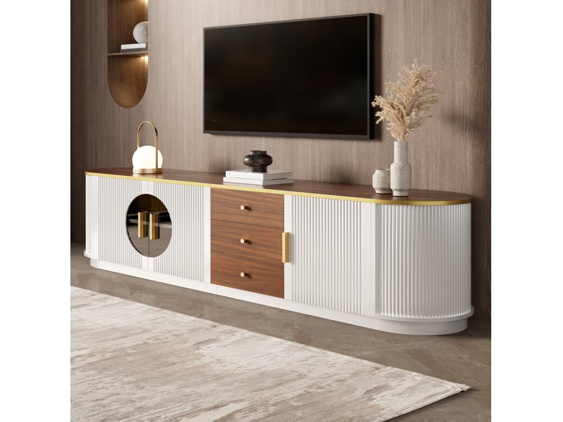  Meuble tv avec 3 tiroirs et 3 portes, portes en verre brun, pour salon, 180 × 40 × 46 cm, en mdf, blanc  - Conforama C