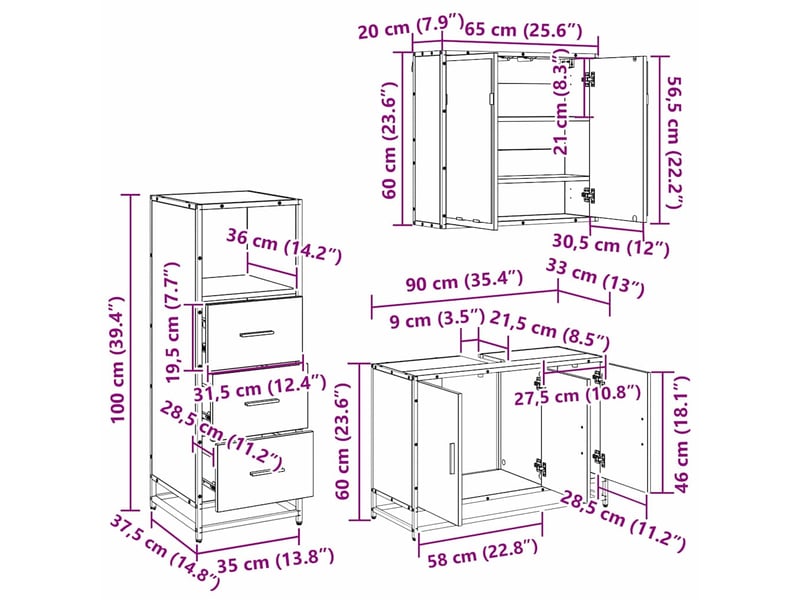  Ensemble de mobilier de salle de bain 3 pièces chêne noir cf64460  - Conforama E