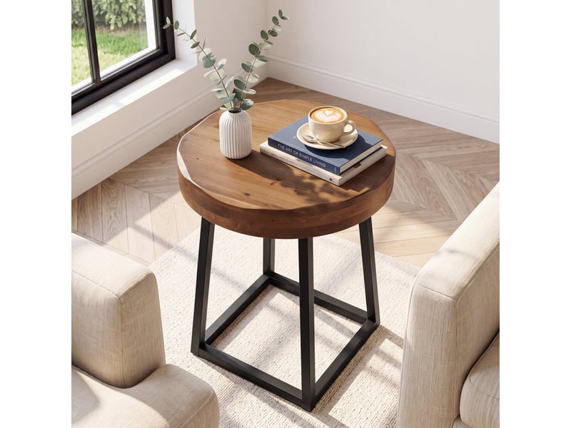  Table d'appoint ronde en bois massif, bout de canapé avec plateau à bord naturel et piètement en métal, 50 cm table de chevet,  idéale pour le salon, la chambre ou le coin canapé  - Conforama D