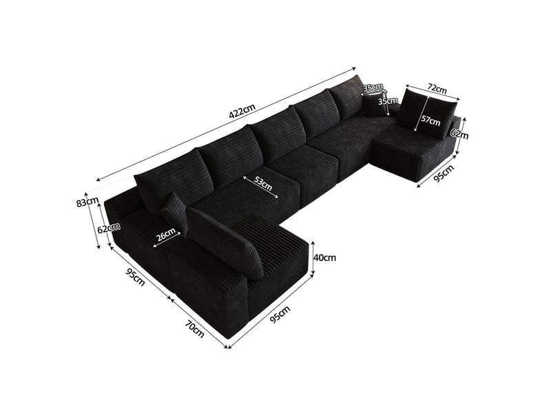  Canapé d’angle modulaire modenvie 7 places 425 x 165 x 83 cm en velours côtelé noir  - Conforama C