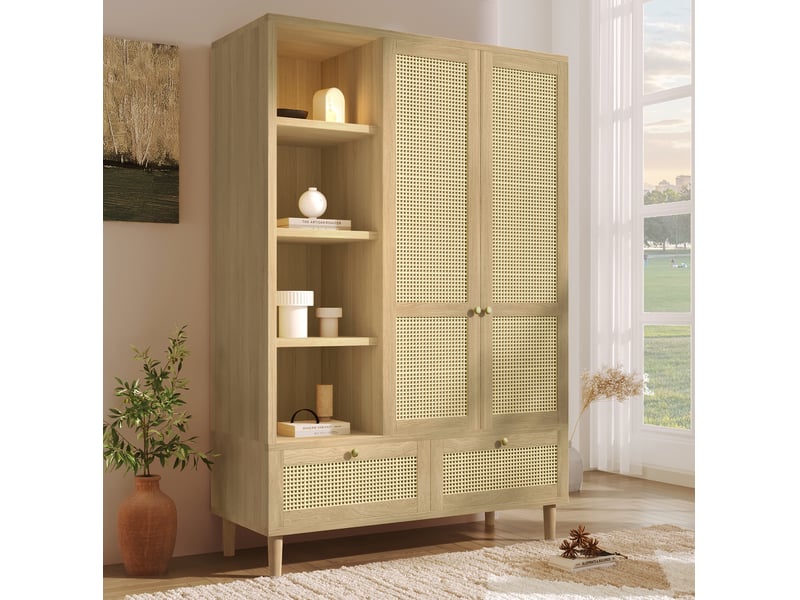  Armoire 2 portes modenvie avec rangement ouvert, penderie et 2 tiroirs en mdf, bois et métal, finition chêne, 180 x 120 x 50 cm  - Conforama D